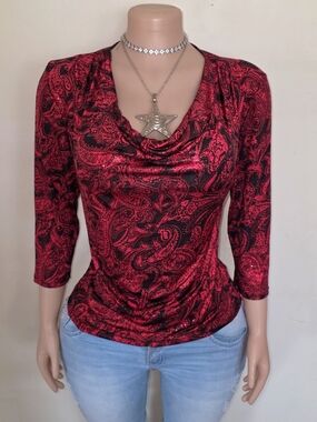 MSK Red and Black Paisley Cowl Neck Long Sleeve Top